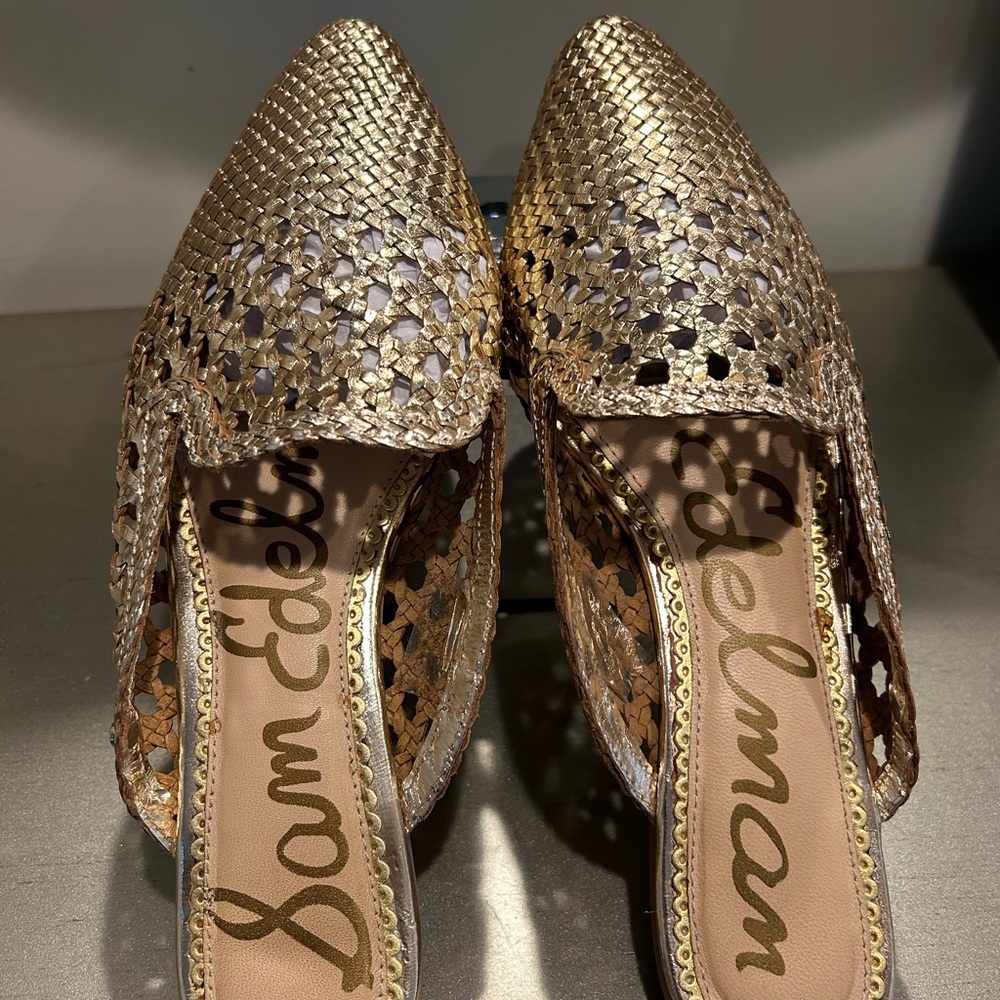 Sam Edelman Metallic Gold Woven Pointed Mules